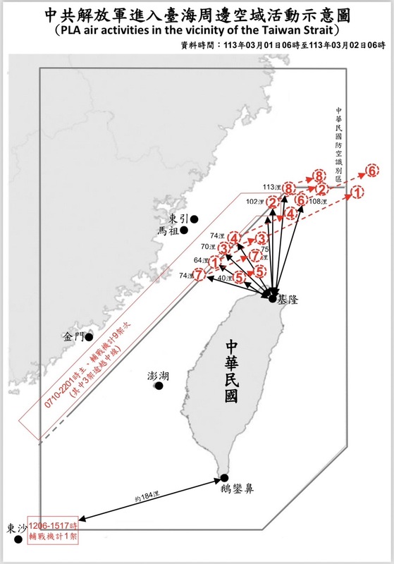 國防部公佈中共解放軍進入台海周邊空域活動示意圖 圖：國防部提供