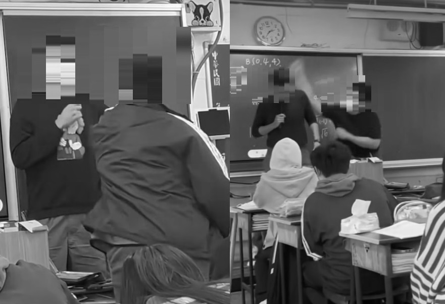 台北市北投區一所高中一名男學生近日因情緒不穩，在上課中途衝上講台攻擊老師，影片被學生PO上網。 圖:記者爆料網