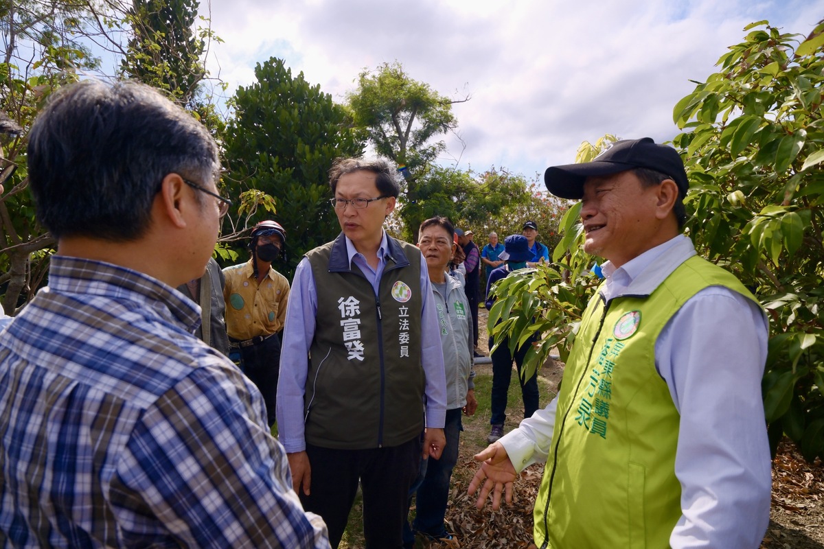 徐富癸、潘芳泉等人關注恆春地區荔枝園關心損失情形。 圖：徐富癸辦公室提供