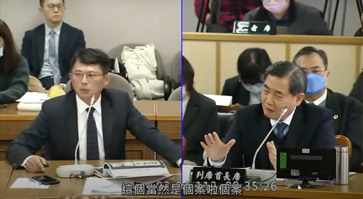 民眾黨立委黃國昌，針對多起司法案件在立法院質詢司法院秘書長吳三龍。 圖：截自黃國昌Youtube頻道。