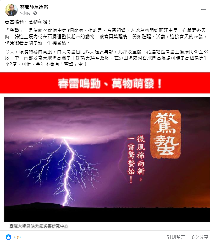 氣象粉專《林老師氣象站》指出，一般來說驚蟄時，春雷初響，大地萬物開始萌芽生長，象徵萬物更新。 圖：取自《林老師氣象站》