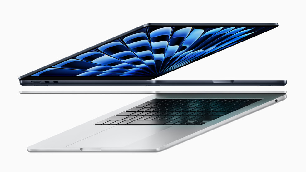 新款13吋、15吋MacBook Air筆電，搭載M3處理器，採用8核心CPU設計，及最多10核心設計GPU，並記憶體最高可支援24GB，與其他舊款M晶片的機型相比，速度提高至60%。 圖：取自蘋果官網
