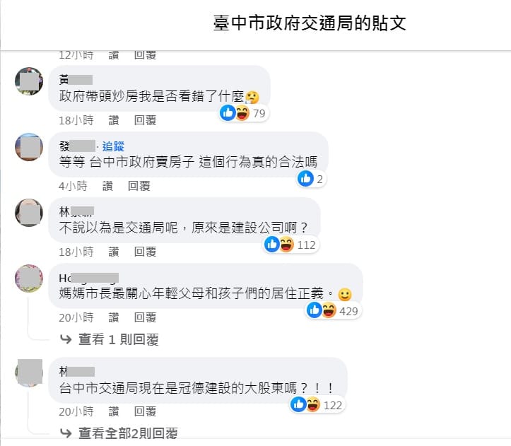 網友痛批台中市政府帶頭炒房。 圖：翻攝自台中市交通局臉書