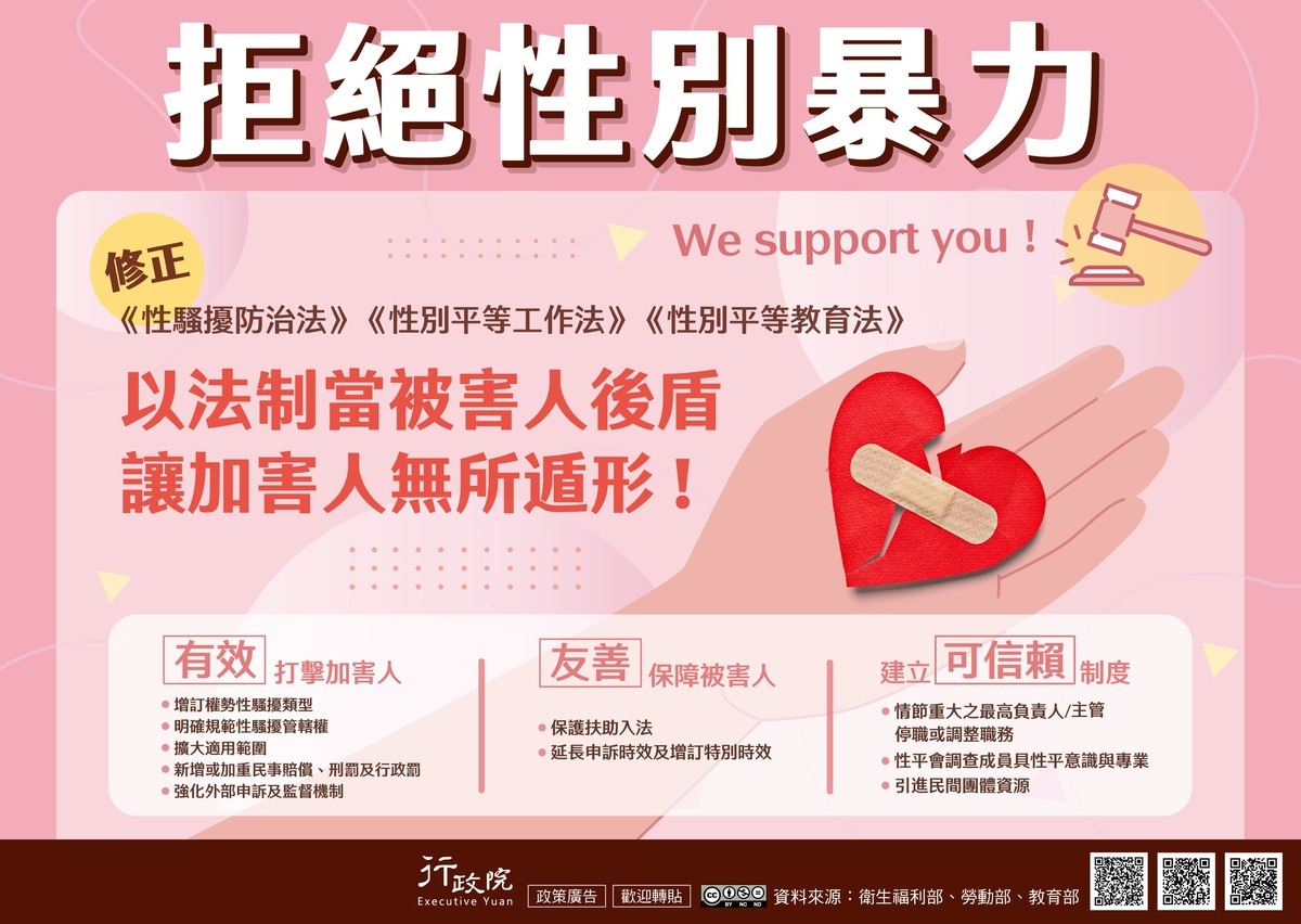 政府為回應台灣MeToo浪潮，火速完成「性平三法」修法，新法將於明天38婦女節上路。 圖：取自行政院網站。