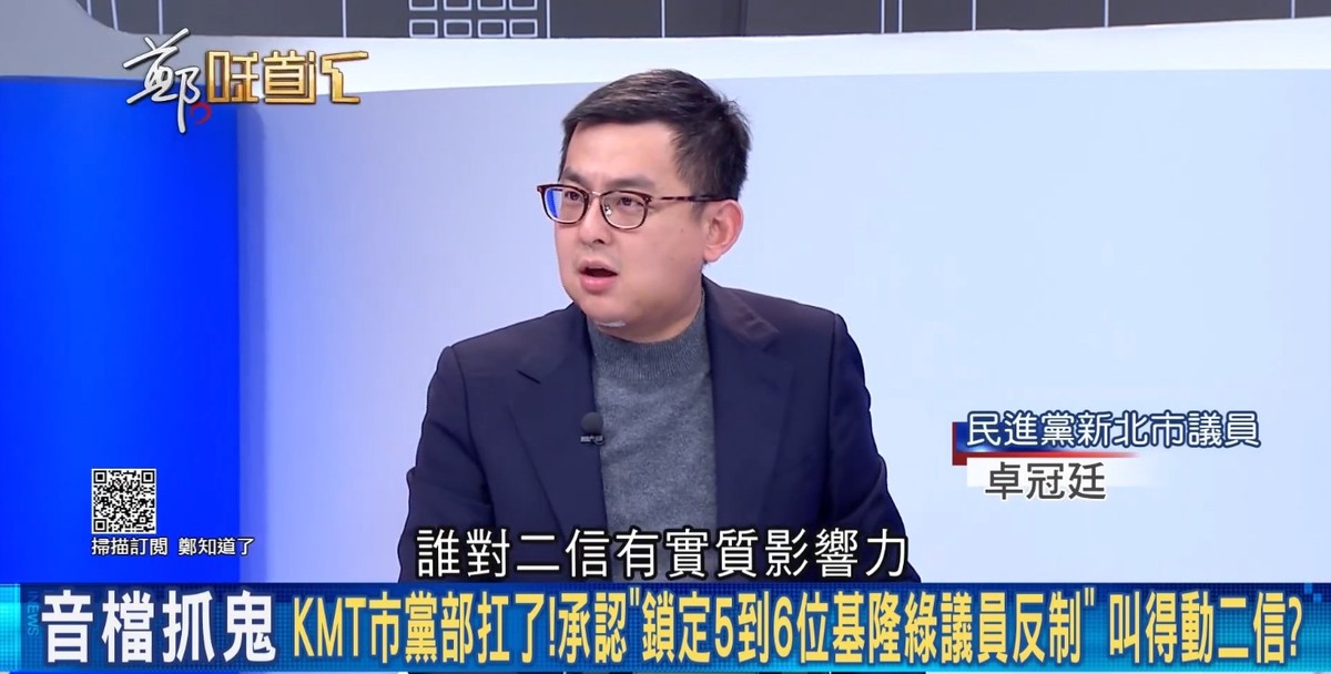 卓冠廷質疑，國民黨基隆市黨部叫得動二信？金管會要不要管？這一定有人說謊，誰對二信有實質影響力？ 圖：截自「鄭知道了」直播