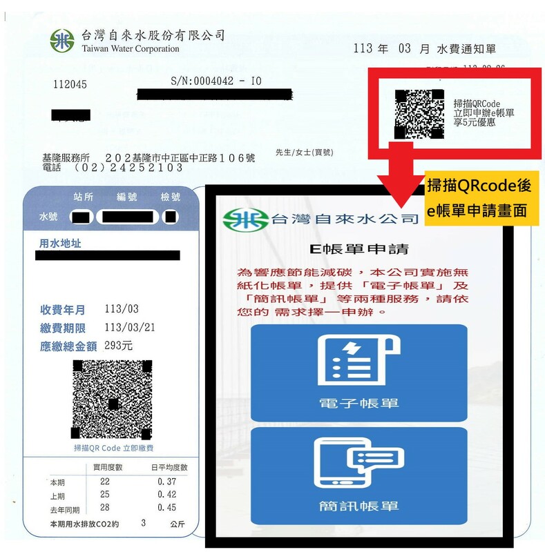 自113年3月起，用戶無須手動輸入水號和用戶名，掃描QR Code就能申請台水e帳單。 圖：取自經濟部官網