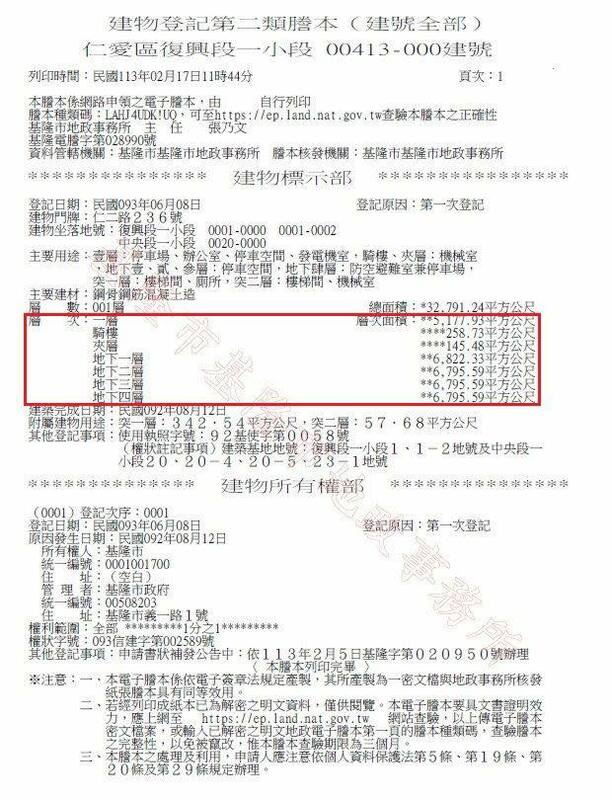 2月17日列印的地籍謄本顯示，基隆市府僅有地上1樓和地下1～4樓的產權。 圖：取自林智群律師臉書
