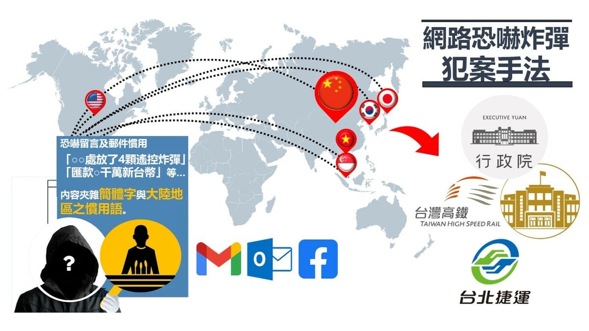網路恐嚇炸彈犯案手法。 圖：刑事局提供