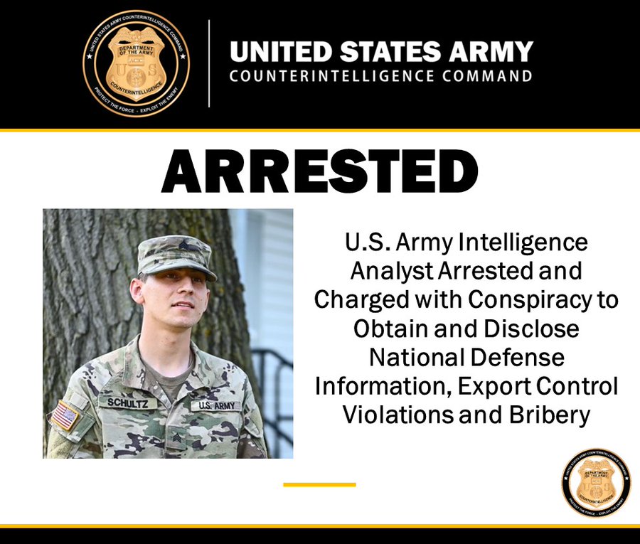 美國司法部7日逮捕一名涉嫌將國防機密賣給中國的現役陸軍中士。 圖：翻攝「X」@Real_ArmyCI