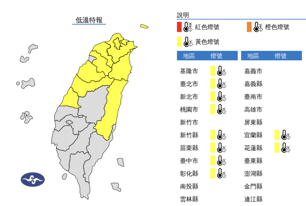 今(9)日強烈大陸冷氣團影響，氣象署針對彰化以北等10縣市發布低溫特報。
