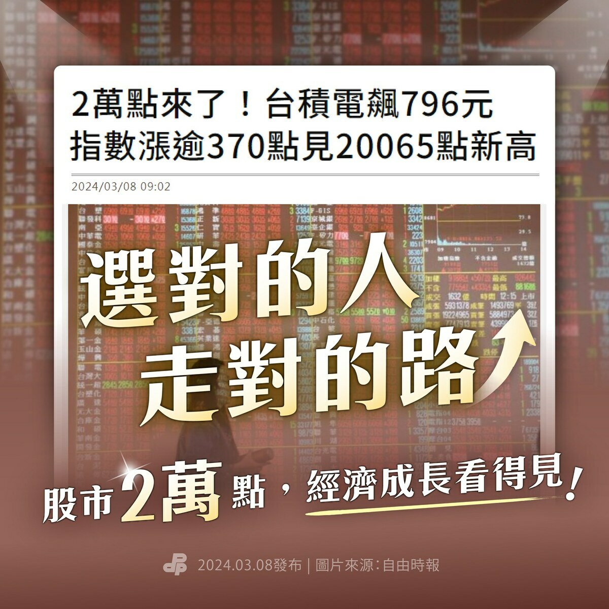 民進黨在臉書粉專發文嗨喊：「選對的人、走對的路，股市兩萬點，經濟成長看得見。」 圖：翻攝民進黨臉書