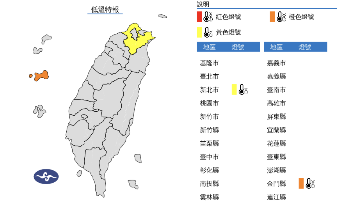 氣象署發布低溫特報，新北、金門請注意。 圖片來源/氣象署
