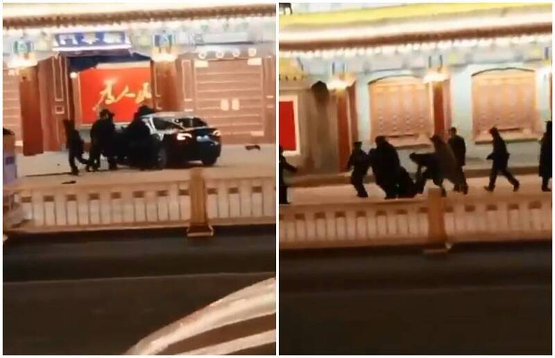 一輛黑色轎車10日凌晨衝撞北京中南海正門「新華門」，被一群安保、武警拖下車帶離。 圖：翻攝X（前推特）