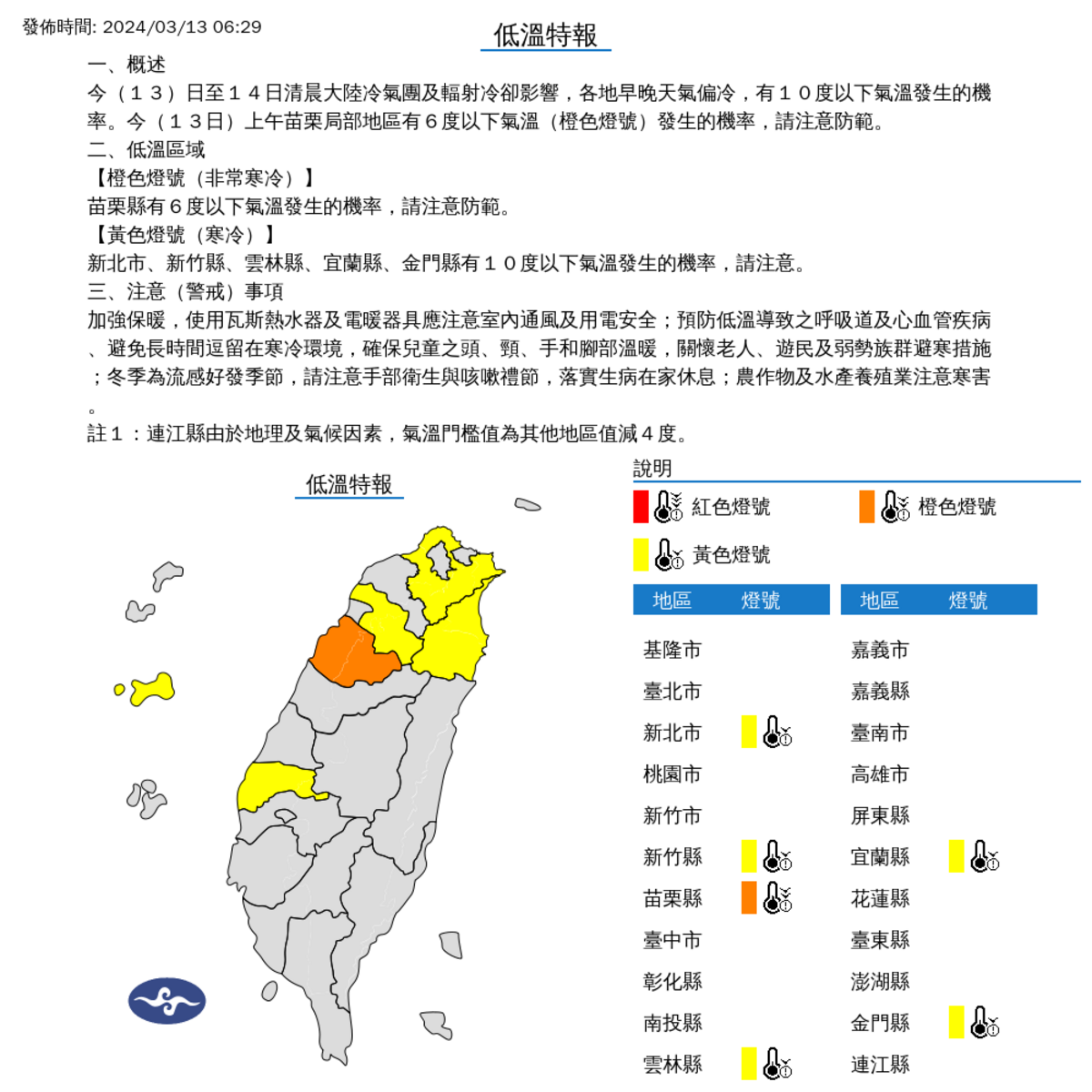 今天清晨至上午，苗栗局部地區將有攝氏6度以下氣溫發生機率，其他包括新北市、新竹縣、雲林縣、宜蘭縣與金門縣，也可能有10度以下氣溫。 圖：中央氣象署／提供