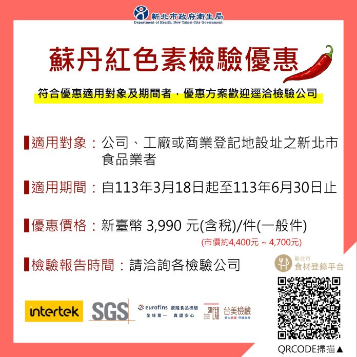 新北市政府昨(12)日表示，為了強化防堵問題產品、協調消費爭議，自3月18日起至6月30日，只要設籍於新北市的食品業者，送檢到衛生局媒合4家檢驗公司檢驗，每件優惠價3990元。 圖：新北市衛生局／提供