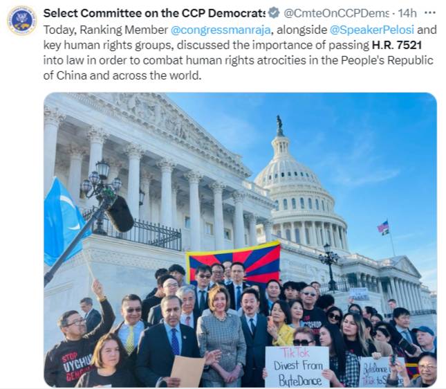 北美洲台灣商會聯合總會（TCCNA）會長Joey Chiang所率領的代表團，在國會山莊的台階上與前眾議院議長裴洛西（Nancy Pelosi）會面，共同展現對歷史性TikTok法案的支持。 圖：翻攝X（前推特）