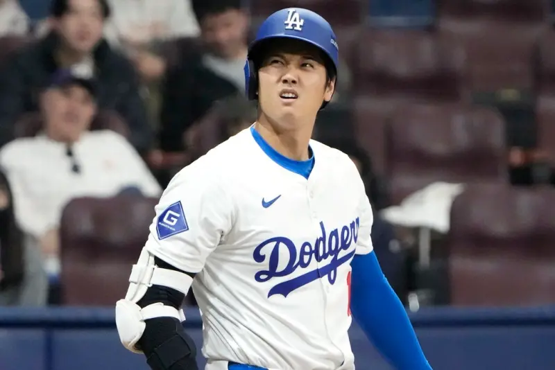 洛杉磯道奇球星大谷翔平南韓初登板，2個打席慘吞2張老Ｋ，隊友Freeman開轟助道奇14：3擊敗培證英雄。 圖：達志影像／美聯社