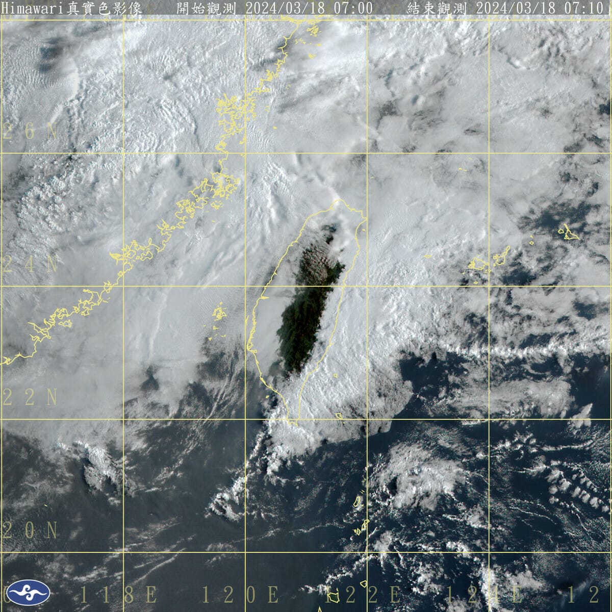 受到微弱鋒面通過與大陸冷氣團影響，今天全台天氣將逐漸轉冷，基隆北海岸、東半部、恆春半島與金門、馬祖，將有局部短暫陣雨。 圖：中央氣象署／提供