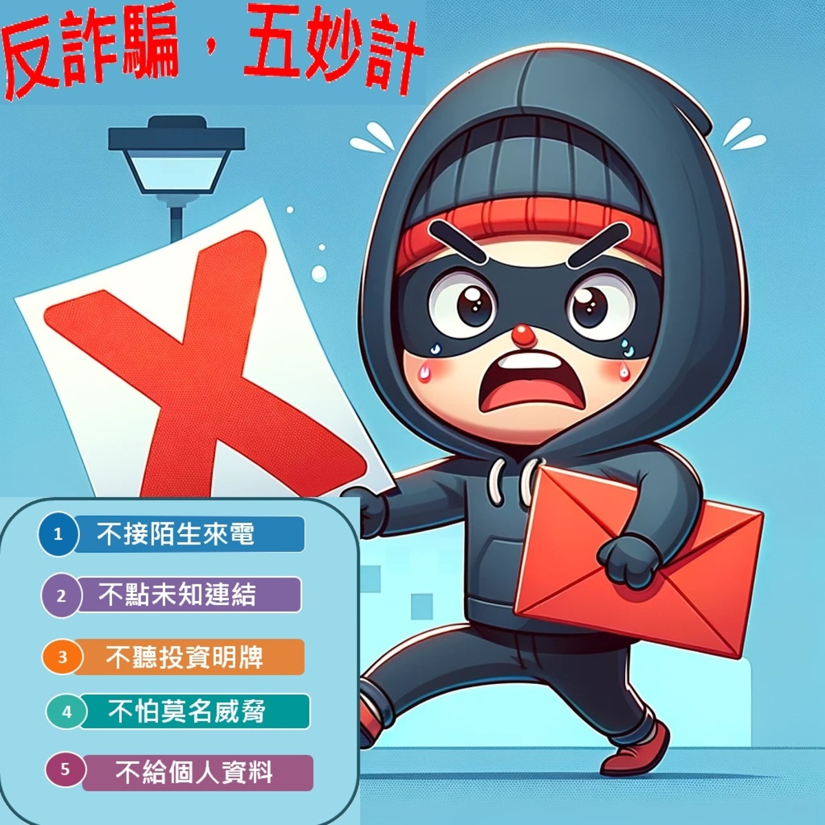 金管會強調，為了自身財產安全，請遵守五「不」原則：不接聽陌生來電、不點選不明連結、不信任所謂的「內幕」消息、不畏懼無理威脅、不透露個人敏感信息。 圖：金管會／提供