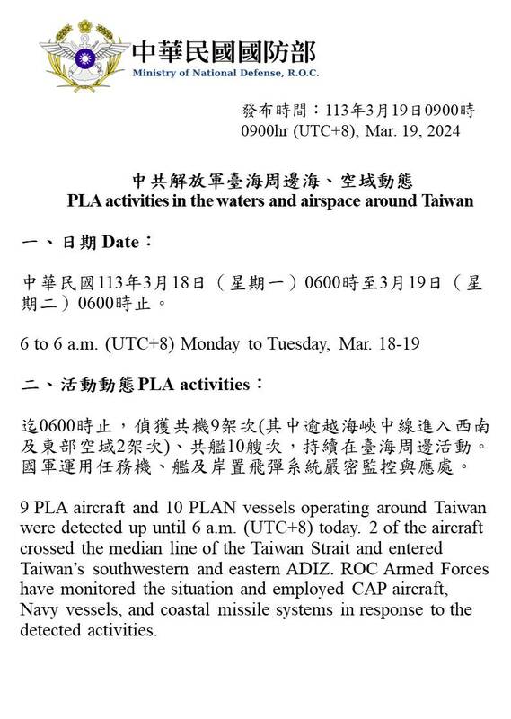 國防部發布共軍在台海周邊動態。 圖：國防部提供。