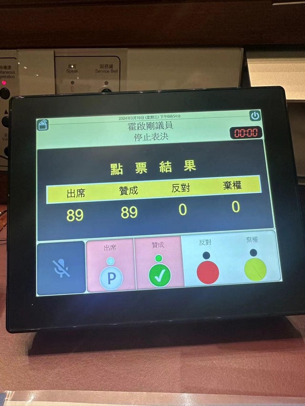 香港立法會以 89 票對 0 票全票通過第 23 條，香港民間團體批評立法會如今已成橡皮圖章。 圖：翻攝自 霍啟剛 Kenneth Fok Facebook 帳號