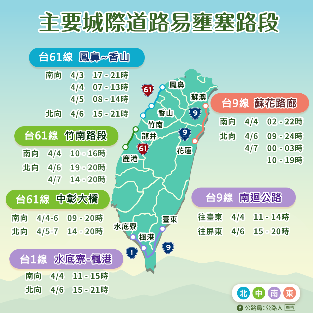 交通部公路局提供清明連假期間，主要城際道路易壅塞路段和時段。 圖：交通部公路局／提供