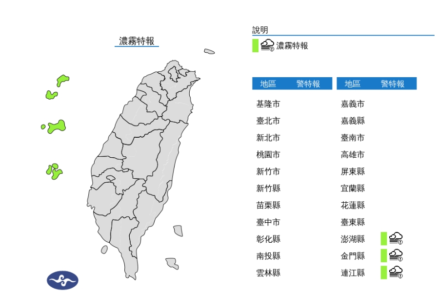 澎湖、金門、馬祖濃霧特報，能見度不足200公尺。 圖/中央氣象署