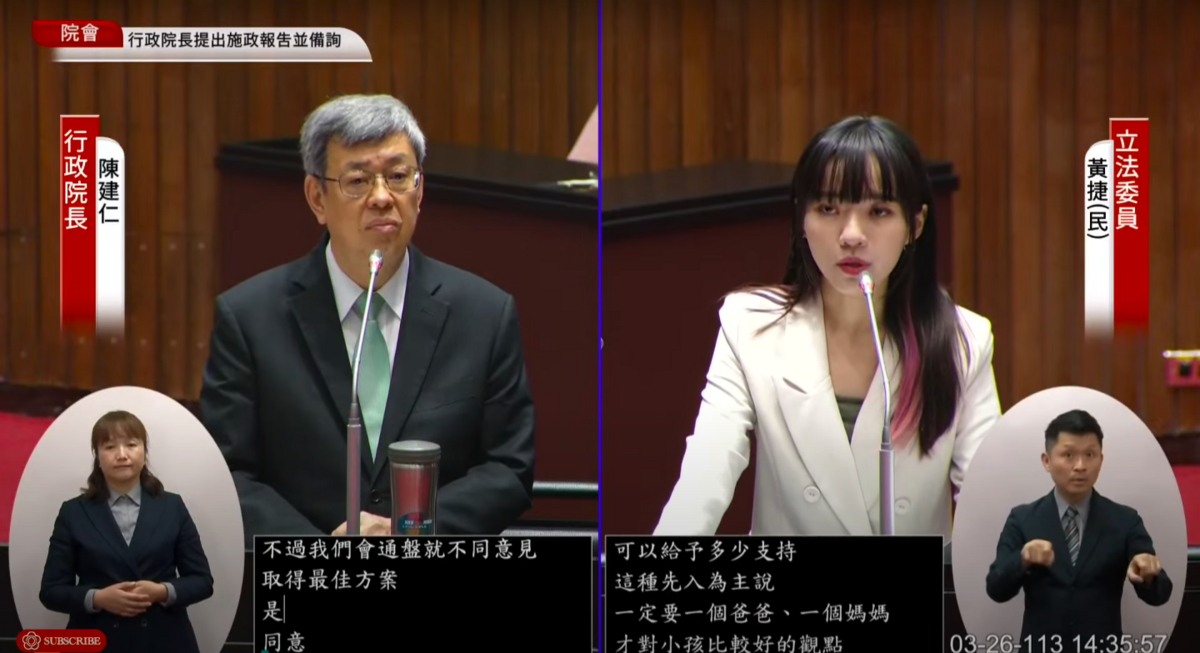 民進黨立委黃捷總質詢要求人工生殖應該放單身女性。 圖：翻攝自國會頻道