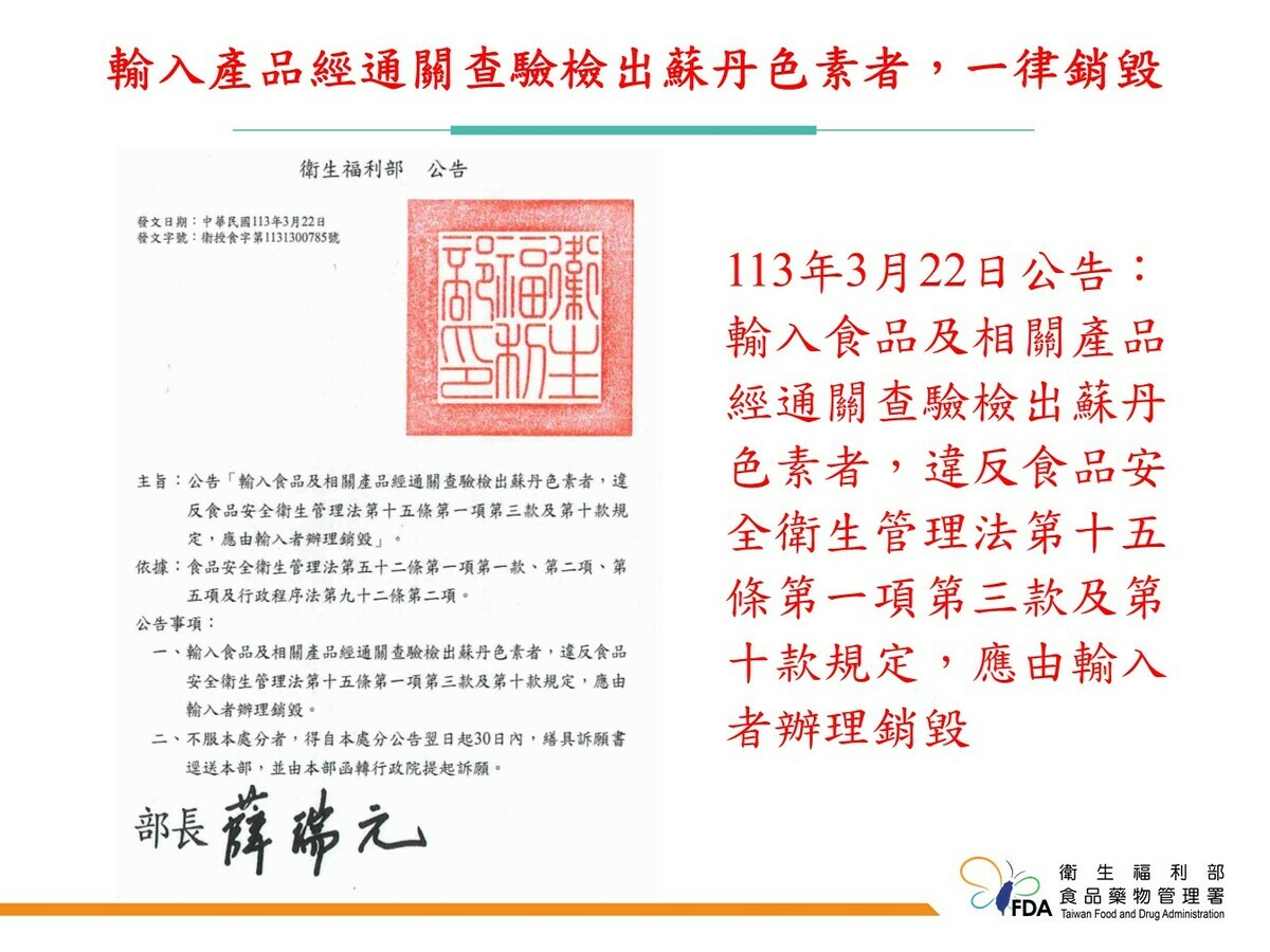 邊境檢出蘇丹色素，一律銷毀不得退運。 圖：食藥署／提供