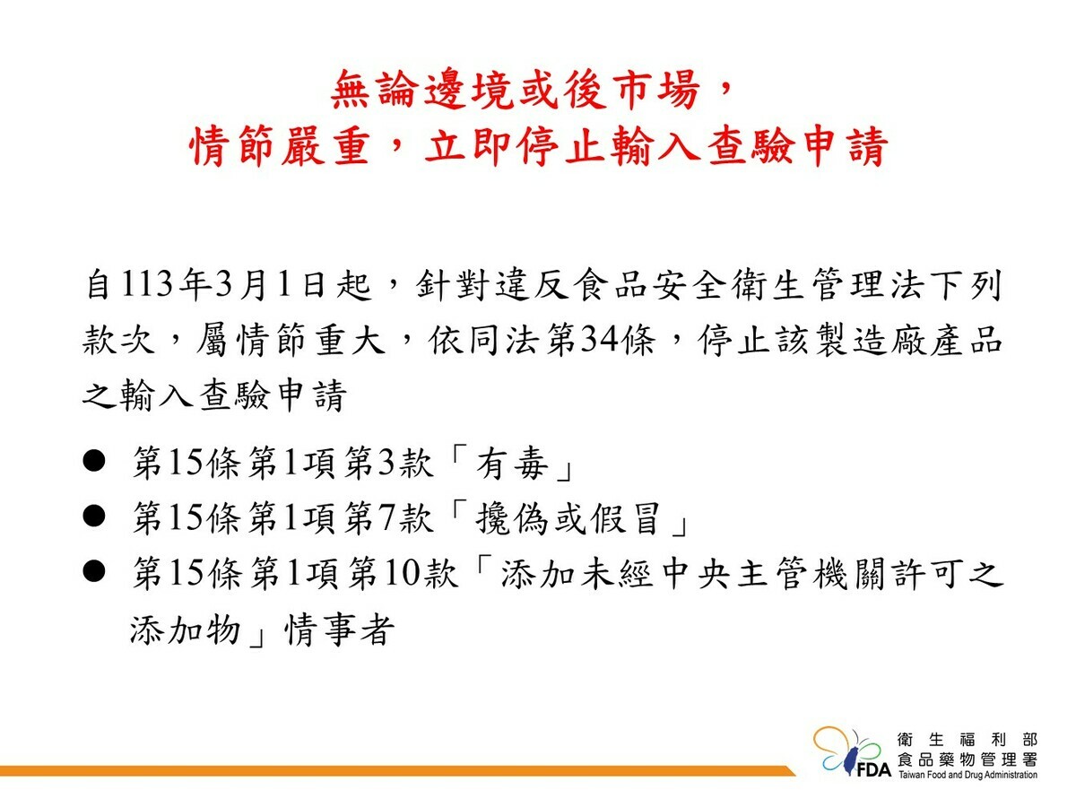 規範屬情節重大者，立刻停止輸入查驗。 圖：食藥署／提供