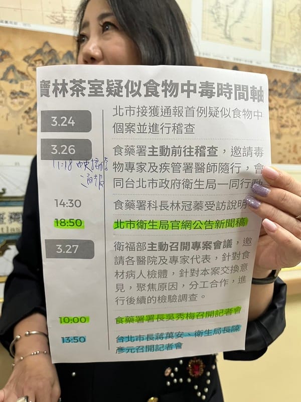 民進黨團列出寶林案中央、地方時間軸，證明北市府通報機制失靈。 圖：金大鈞/攝