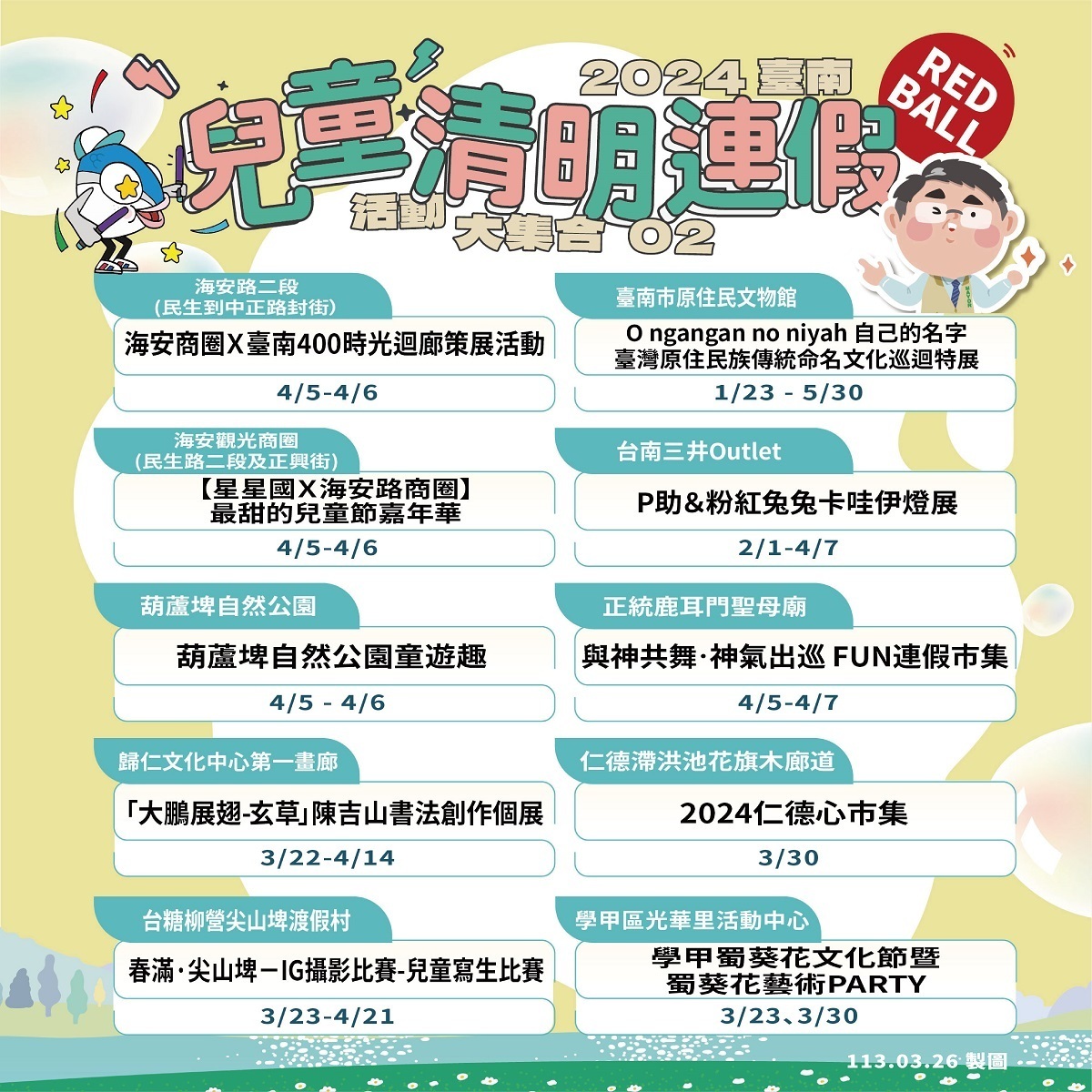 兒童節4天連假即將在下週登場，來台南除了可以參與美國藝術家發起的「紅球計畫」活動，還有各式展覽與不同的踏青、賞花景點，供大人、小孩共享親子時光。 圖：台南市觀光旅遊局／提供