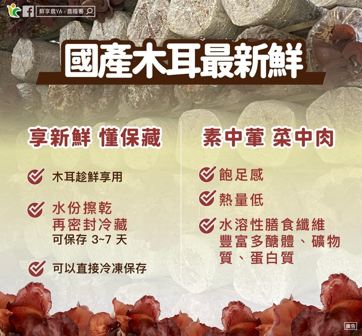 農糧署與動植物防疫檢驗署發文表示，國產的濕木耳可以放心食用，擦乾後可密封冷藏保存 3~7 天，或可直接冷凍保存。 圖：翻攝自 動植物防疫檢驗署 Facebook 粉絲團