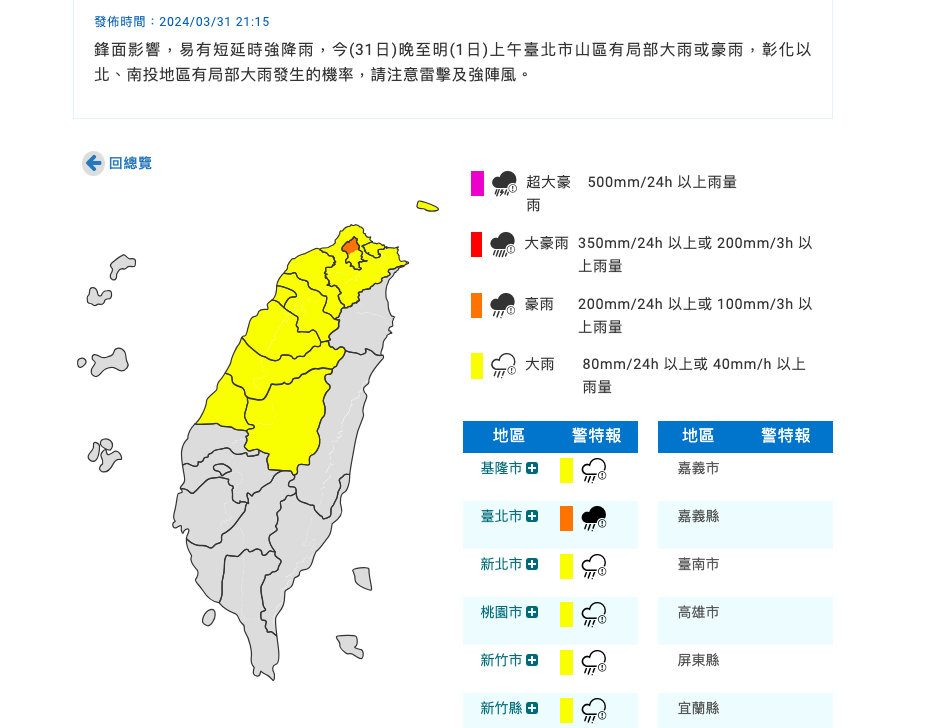 中央氣象署發布豪雨特報，今(31日)晚至明(1日)上午臺北市山區有局部大雨或豪雨，彰化以北、南投地區有局部大雨發生的機率，注意雷擊及強陣風。 圖：取自中央氣象署