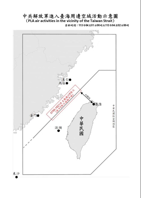 1 日在台海周回活動的共機有 2 架逾越台海中線，距離基隆最近僅 60 海浬。 圖：國防部提供