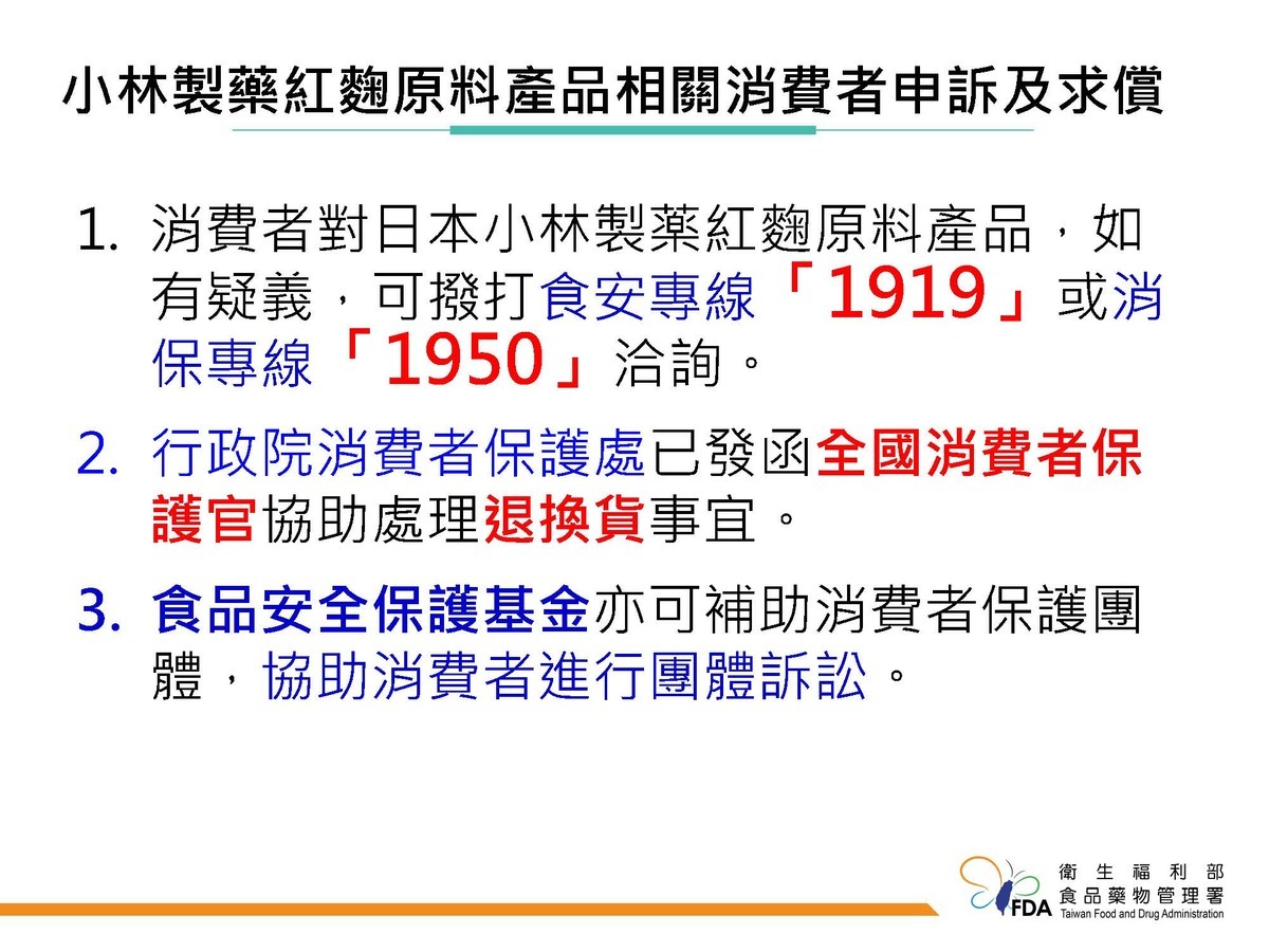 民眾若買到含有日本「小林製薬」紅麴原料的相關產品，如有疑義，可撥打食安專線1919或消保專線1950諮詢。 圖：食藥署／提供