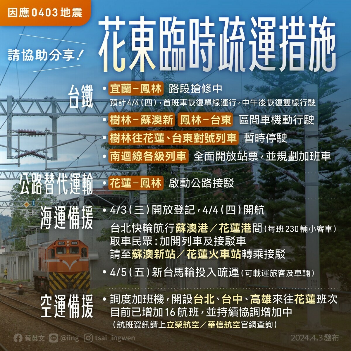 蔡英文今（3）天晚間透過臉書Po出一張攸關花蓮臨時疏運措施的圖卡，希望分享給有需要的國人知道。 圖：翻攝蔡英文臉書