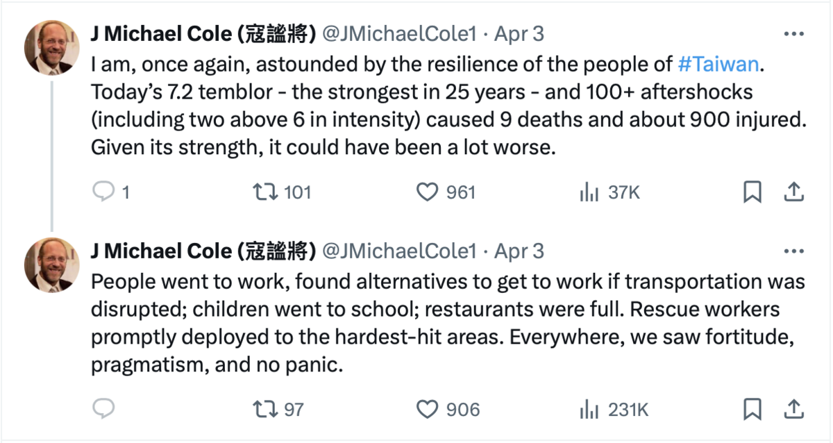 寇謐將 Ｘ發布原文 圖：翻攝自 J Michael Cole X (前推特)