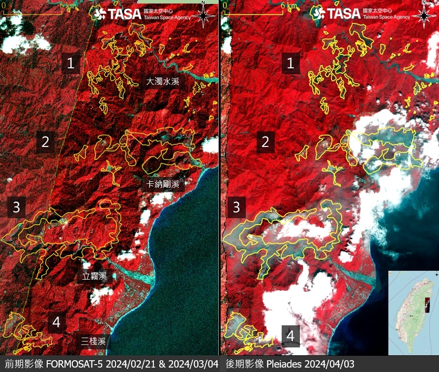 花蓮地震災前災後衛星對比照 圖:翻攝自國家太空中心臉書