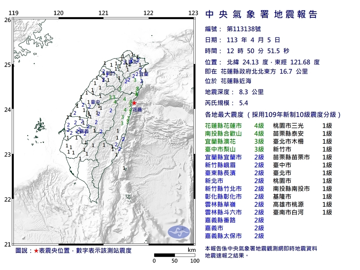 12時50分又再度5.4規模的地震。根據中央氣象署資料，這起地震芮氏規模5.4的地震，最大震度4級。 圖：翻攝自中央氣象署官網