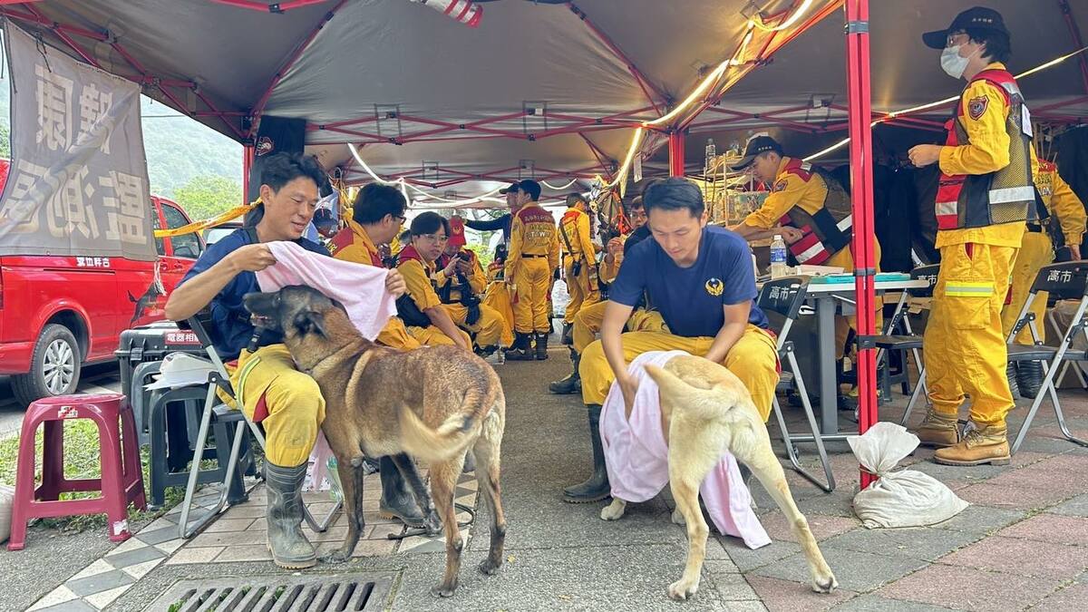 高雄市政府消防局特搜中隊搜救犬隊替英雄們擦拭身體，以防著涼感冒。 圖：搜救犬「羅傑計畫」