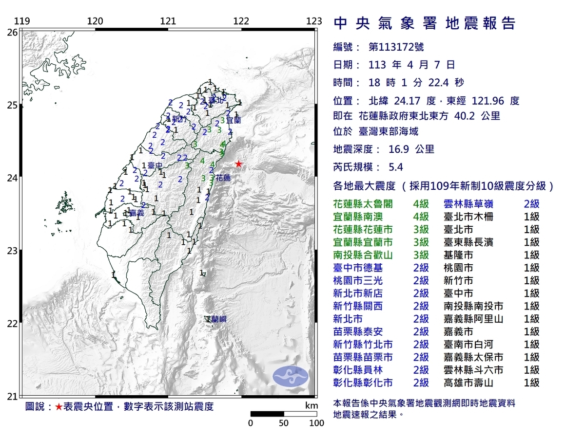 今（7）日18時1分，位於台灣東部海域發生芮氏規模5.4地震，最大震度4級。 圖：中央氣象署／提供