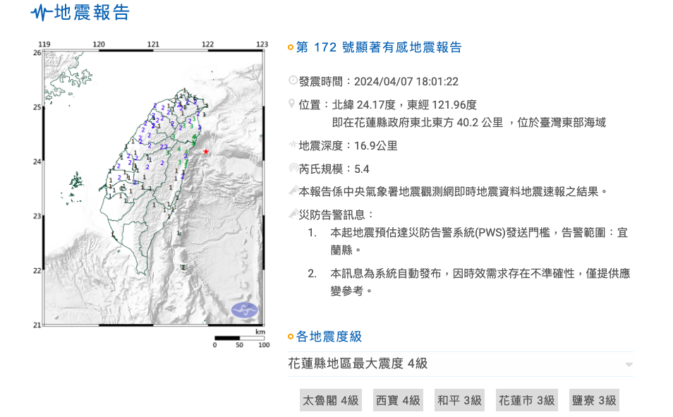 據氣象署資訊，今天晚間6時1分花蓮外海發生規模5.4地震，宜花地區最大震度達4級，判斷此為花蓮規模7.2地震的餘震。 圖：翻攝自中央氣象署