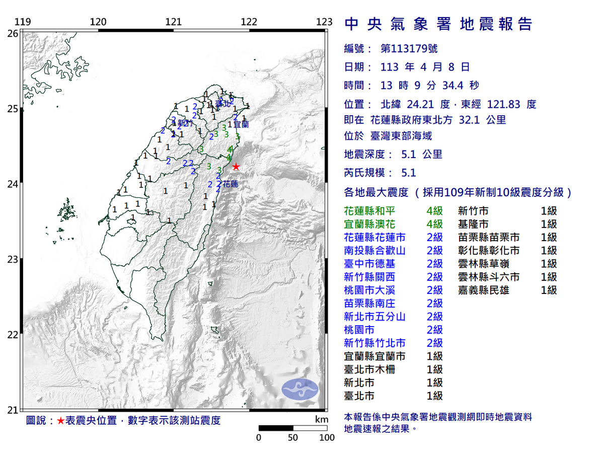 今(8)日13時09分再度發生規模5以上餘震，全台14縣市有感。 圖：中央氣象署／提供
