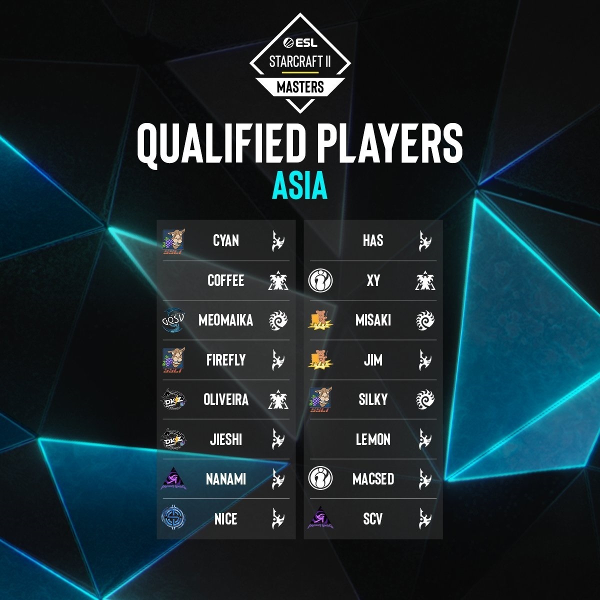 ESL SC2 Masters春季賽亞洲區十六強參賽名單。 圖：翻攝ESL推特