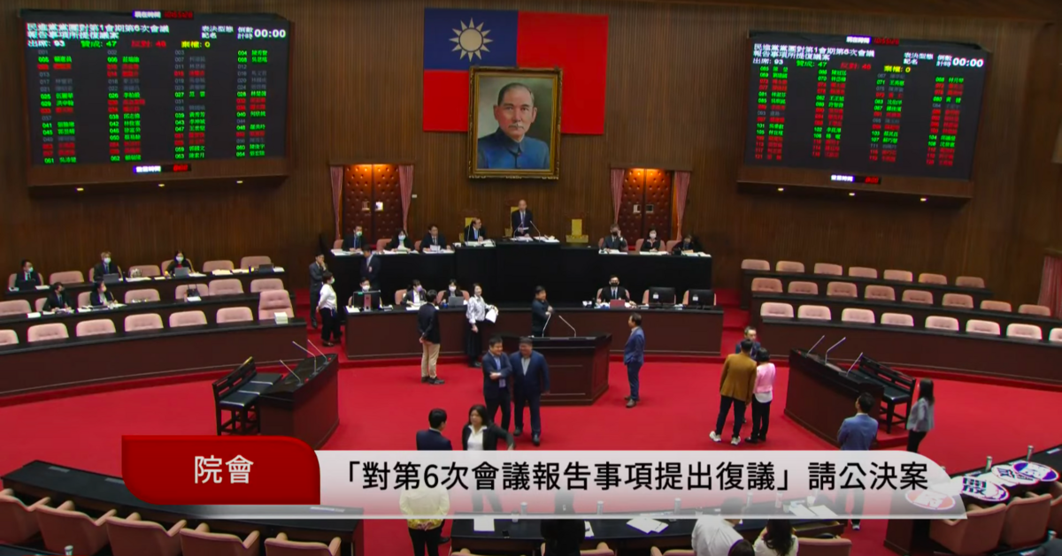 立法院會今日上演表決大戰，藍綠平手情況下，由院長韓國瑜投下關鍵否決票。 圖：翻攝自國會頻道