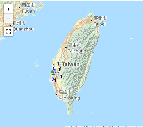 4月14日凌晨至凌晨間，嘉義共記錄到4次明顯的地震活動。最強的一次發生在凌晨2時39分，規模達4.2，震度達到4級。 圖：翻攝自氣象署網站
