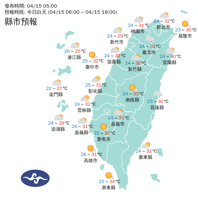 今天微弱鋒面位於台灣北部海面，東部、東南部、大台北地區與馬祖，將有零星短暫陣雨，全台高溫都可能來到攝氏32度。 圖：中央氣象署／提供