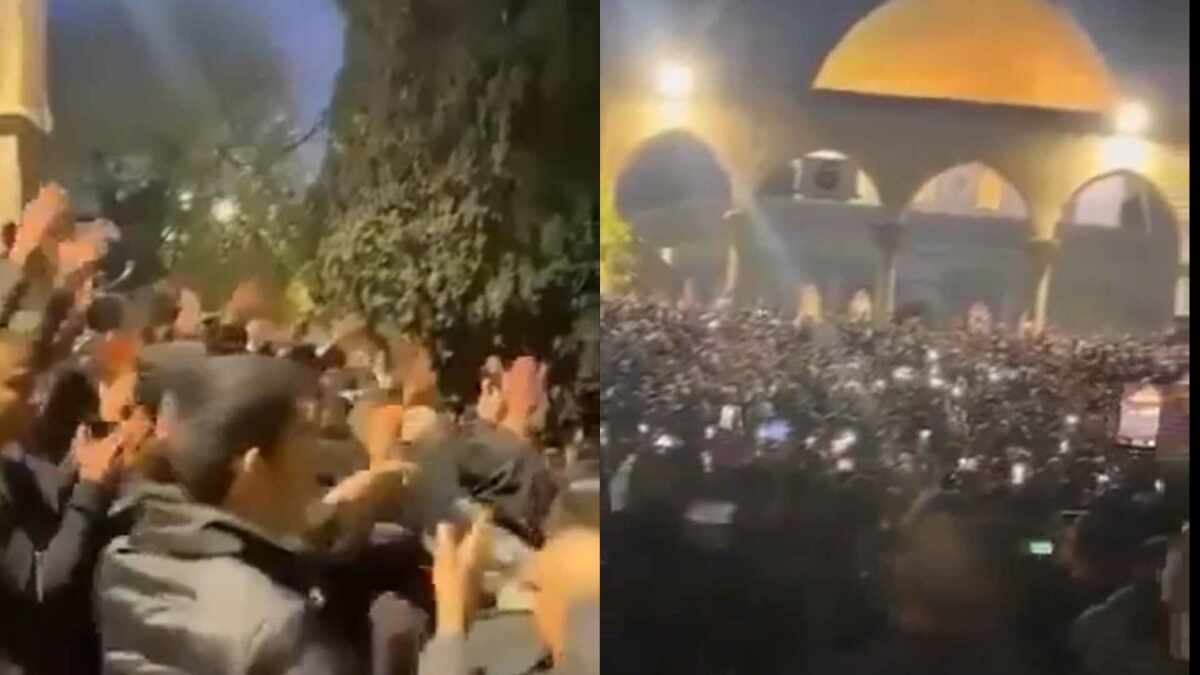 當伊朗發動大規模飛彈無人機襲擊時，當地巴勒斯坦人聚集在街頭歡呼慶祝。 圖 : 翻攝自影片 （新頭殼合成）