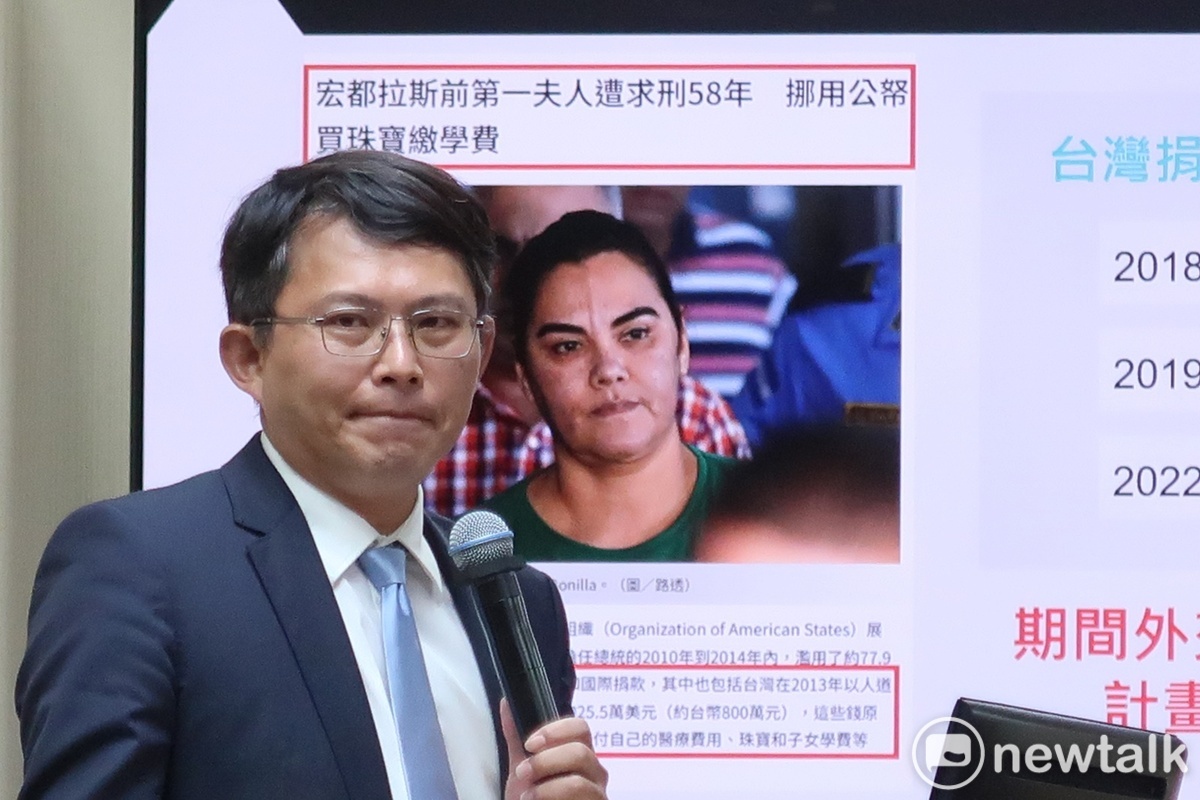 民眾黨立委黃國昌質詢中美洲銀行相關援助，圖的背景為宏都拉斯前第一夫人因挪用公帑遭判刑消息 圖：林朝億/攝